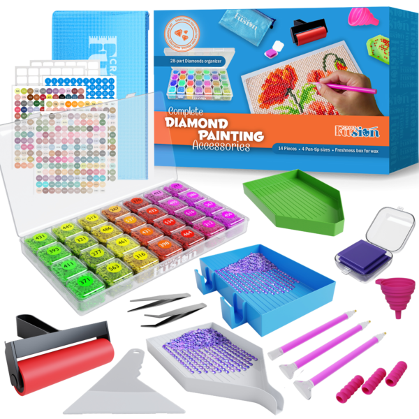Craft Fusion Diamond Painting Tools and Accessories - Diamond Art Kits for Adults and Kids - DIY Bead Organizer Box with Small Grid Storage Containers, 28 Parts, includes Sticker Pack