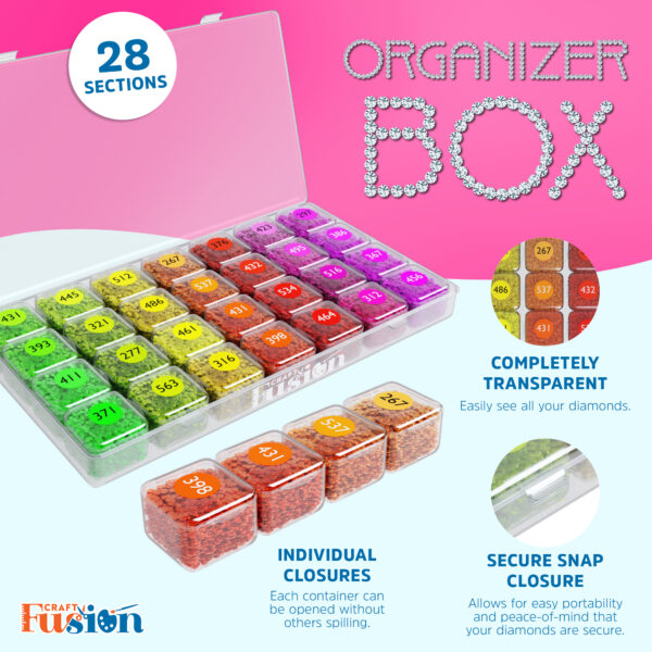 Craft Fusion Diamond Painting Tools and Accessories - Diamond Art Kits for Adults and Kids - DIY Bead Organizer Box with Small Grid Storage Containers, 28 Parts, includes Sticker Pack - Image 2